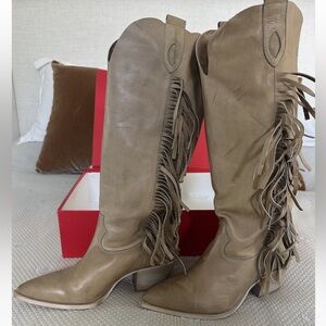 GEORGE J. LOVE Tall Western Leather Boots with Fringe, Color Beige, US 11/ IT 41